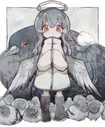 Rule 34 | 1girl, absurdres, angel, angel wings, animal, bird, black footwear, black hair, blunt ends, boots, border, closed mouth, coat, commentary, dove, feathered wings, flock, fluffed up, fluffy, full body, grey background, grey coat, grey wings, halo, hands in opposite sleeves, hands up, high collar, highres, knee boots, long hair, long sleeves, looking at viewer, orange eyes, original, outside border, oversized animal, pigeon, solo, soresaki, standing, straight-on, too many, too many birds, white border, wide sleeves, wings