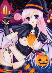 Rule 34 | 1girl, bad id, breasts, candy, halloween, hat, lollipop, long hair, mocomoco party, original, panties, pink hair, pumpkin, purple eyes, smile, solo, thighhighs, underwear, witch, witch hat