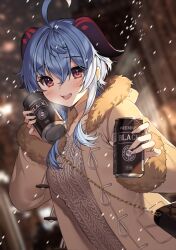 Rule 34 | 1girl, aile (crossroads), blue eyes, can, canned coffee, drink can, ganyu (genshin impact), genshin impact, goat horns, highres, horns, long sleeves, looking at viewer, open mouth, red eyes, smile, solo