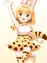 Rule 34 | 1girl, :d, absurdres, animal ear fluff, animal ears, arm up, bare shoulders, blonde hair, blush, bow, breasts, brown background, brown eyes, commentary request, elbow gloves, gloves, hair between eyes, highres, kemono friends, long hair, looking at viewer, medium breasts, open mouth, serval (kemono friends), shin01571, shirt, shoes, skirt, sleeveless, sleeveless shirt, smile, solo, standing, standing on one leg, tail, thighhighs, white footwear, white gloves, white shirt, yellow bow, yellow gloves, yellow skirt, yellow thighhighs