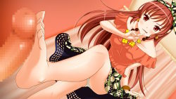 Rule 34 | artist request, barefoot, censored, character request, feet, footjob, game cg, naughty face, panties, pantyshot, penis, red eyes, red hair, skirt, soles, source request, tagme, toes, underwear