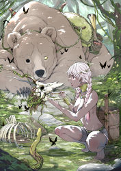 1girl, barefoot, bear, bone, braid, breasts, bucket, bug, butterfly, chicke iii, dark skin, day, earrings, forest, highres, holding, holding skull, holding toothbrush, insect, jewelry, medium breasts, nature, navel, necklace, open mouth, original, pink hair, plant, red eyes, ribs, rock, saddle, short shorts, shorts, skull, snake, squatting, toothbrush, torn, torn clothes, torn shorts, tree, twin braids, veins, vines, witch