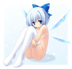 Rule 34 | 1girl, blue eyes, blue hair, bow, cirno, hugging own legs, matching hair/eyes, nude, short hair, sitting, solo, embodiment of scarlet devil, thighhighs, touhou, wings, yamasan