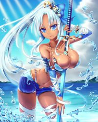 Rule 34 | aqua hair, bikini, blue eyes, breasts, dark skin, large breasts, ocean, ponytail, swimsuit, sword, water, weapon