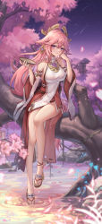Rule 34 | 1girl, absurdres, animal ears, ankle bell, bare shoulders, bell, breasts, cheek rest, cherry blossoms, closed mouth, cup, detached sleeves, earrings, falling petals, floppy ears, fox ears, full body, genshin impact, hair ornament, hand on own face, highres, holding, holding cup, in tree, japanese clothes, jewelry, jingle bell, large breasts, long hair, looking at viewer, low-tied long hair, nontraditional miko, outdoors, petals, pink hair, sakazuki, shooting star, sitting, sitting in tree, skirt, sky, slippers, smile, solo, star (sky), starry sky, thighs, tree, water, wide sleeves, yae miko, yelan xing xuan