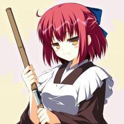 Rule 34 | 1girl, :3, apron, asagi nanami, blue bow, blush stickers, bow, broom, brown kimono, closed mouth, commentary request, concealed weapon, eyebrows hidden by hair, eyelashes, floral print, hair bow, half updo, happy, highres, holding, holding broom, japanese clothes, jitome, kimono, kohaku (tsukihime), long sleeves, looking at viewer, maid, maid apron, medium hair, pink background, red hair, simple background, smile, smug, solo, sunflower print, tsukihime, v-shaped eyebrows, wa maid, weapon, white apron, wide sleeves, yellow eyes