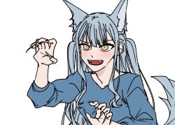 Rule 34 | 1girl, a jak, animal ears, bang dream!, bang dream! it&#039;s mygo!!!!!, blue shirt, blush, commentary request, fangs, fingernails, hand up, hands up, kemonomimi mode, korean commentary, long fingernails, long hair, open mouth, sharp fingernails, shirt, solo, tail, togawa sakiko, two side up, wolf ears, wolf girl, wolf tail, yellow eyes