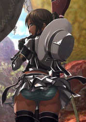 Rule 34 | 1girl, ahoge, alternate color, ass, blouse, boots, brown eyes, brown hair, capcom, elbow gloves, gloves, green panties, hat, highres, lace, lace-trimmed panties, lace trim, lien (armor), looking back, miniskirt, monster hunter, monster hunter (series), monster hunter frontier, panties, pantyshot, pleated skirt, shirt, skirt, solo, standing, striped clothes, striped panties, thigh boots, thighhighs, trefoil, underwear, upskirt, v-mag, wind, wind lift