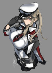 Rule 34 | 1girl, black gloves, black pantyhose, black skirt, blonde hair, breasts, capelet, closed mouth, cowboy shot, cropped legs, cross, gloves, graf zeppelin (kancolle), grey background, grey eyes, hair between eyes, hat, highres, iron cross, kantai collection, large breasts, long hair, long sleeves, military, military uniform, nmz (namazu), pantyhose, peaked cap, pleated skirt, sidelocks, signature, simple background, skirt, solo, twintails, uniform, white hat