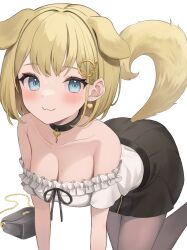 Rule 34 | 1girl, :3, absurdres, all fours, animal ears, bag, black collar, black skirt, blonde hair, blue eyes, blush, breasts, brown pantyhose, cleavage, closed mouth, collar, dog ears, dog tail, earrings, frilled shirt, frills, hair ornament, hanazawa ma, handbag, heart, heart earrings, highres, hololive, hololive english, jewelry, key, looking at viewer, medium breasts, miniskirt, mole, mole on breast, off-shoulder shirt, off shoulder, pantyhose, shirt, short hair, skirt, solo, tail, virtual youtuber, watson amelia