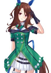 Rule 34 | 1girl, absurdres, animal ears, bare shoulders, black gloves, brown hair, buttons, career inada, commentary, cowboy shot, double-breasted, dress, ear covers, frilled thighhighs, frills, garter straps, gloves, green dress, hair between eyes, hand in own hair, highres, horse ears, horse girl, horse tail, king halo (umamusume), layered dress, long hair, red eyes, simple background, smile, solo, tail, thighhighs, umamusume, white background
