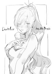 Rule 34 | 1girl, bad id, bad twitter id, commentary request, dress, earrings, english text, greyscale, jewelry, monochrome, necklace, one eye closed, rosary, rwby, scar, scar across eye, scar on face, solo, strapless, strapless dress, tongue, tongue out, weiss schnee