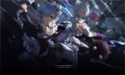 Rule 34 | 10s, 3girls, action, apron, artist name, back, ball and chain (weapon), battle, blue eyes, blue hair, blurry, braid, breasts, copyright name, depth of field, detached sleeves, dress, emilia (re:zero), flower, frills, glowing, hair flower, hair ornament, hair over one eye, highres, holding, holding weapon, long hair, looking at viewer, maid, maid apron, motion blur, multiple girls, one eye covered, outstretched arms, pantyhose, pink hair, pointy ears, profile, purple eyes, ram (re:zero), re:zero kara hajimeru isekai seikatsu, rem (re:zero), ribbon, rose, short hair, siblings, silver hair, sisters, swd3e2, thighhighs, twins, waist apron, weapon, white apron, white flower, white legwear, white rose, wide sleeves, x hair ornament