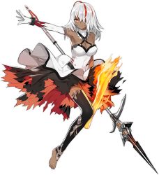 Rule 34 | 1girl, ark order, artist request, barefoot, bi fang (ark order), breasts, cleavage, dark-skinned female, dark skin, detached collar, dress, elbow gloves, fire, full body, gloves, hair ornament, hair over one eye, holding, holding polearm, holding weapon, large breasts, layered dress, medium hair, multicolored hair, official art, polearm, red eyes, sleeveless, sleeveless dress, solo, spear, streaked hair, tachi-e, toeless legwear, transparent background, weapon, white dress, white gloves, white hair