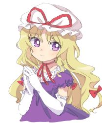 Rule 34 | 1girl, blonde hair, choker, closed mouth, commentary request, dress, elbow gloves, gloves, hair ribbon, hat, long hair, looking at viewer, neck ribbon, own hands together, purple dress, purple eyes, red choker, red ribbon, ribbon, ribbon choker, sasa kichi, simple background, sketch, smile, solo, touhou, tress ribbon, white background, white gloves, white hat, yakumo yukari