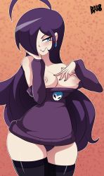 Rule 34 | 1girl, bare shoulders, bigdead, blue eyes, breasts, highres, large breasts, lips, long hair, mature female, nipples, off-shoulder, off-shoulder sweater, aged up, purple hair, sweater, thighhighs, zone-tan