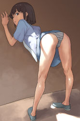 Rule 34 | 1girl, against wall, arched back, ass, bent over, brown hair, clothes lift, jiyu2, kneepits, leaning forward, legs, looking back, original, panties, short hair, skirt, skirt lift, solo, striped clothes, striped panties, underwear