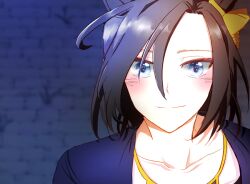 Rule 34 | 1girl, air groove (umamusume), animal ears, asymmetrical bangs, blue eyes, blue shirt, blurry, blurry foreground, blush, brown hair, closed mouth, collarbone, horse ears, jewelry, korean commentary, looking at viewer, necklace, portrait, shirt, short hair, smile, solo, split mouth, taisaaa, umamusume