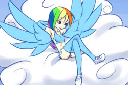 Rule 34 | 1girl, arms behind head, blue gloves, blue panties, blue shirt, blue skirt, blue thighhighs, breasts, cloud, collarbone, crossed legs, drantyno, gloves, hasbro, long hair, lying, midriff, multicolored hair, my little pony, my little pony: equestria girls, my little pony: friendship is magic, panties, rainbow dash, rainbow hair, red eyes, shirt, shoes, skirt, sky, small breasts, smile, tank top, thighhighs, underwear, white footwear, wings