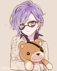 Rule 34 | 10s, 1boy, amo (yellowpink a), bags under eyes, carrying, closed mouth, collared shirt, diabolik lovers, eyepatch, glasses, looking at viewer, male focus, purple eyes, purple hair, sakamaki kanato, simple background, solo, sweater, teddy (diabolik lovers), twitter username, upper body