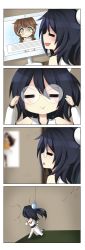Rule 34 | &gt;:&gt;, 1girl, 4koma, :&gt;, :&lt;, = =, bespectacled, black hair, braid, brown hair, character request, comic, detached sleeves, faceplant, glasses, gloom (expression), green eyes, highres, karla featherstone, monitor, official art, open mouth, running, silent comic, smile, thighhighs, triangle mouth, twin braids, v-shaped eyebrows, vinty, without within