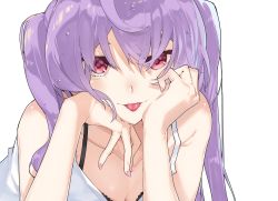 Rule 34 | 1girl, absurdres, ahoge, bare shoulders, blush, breasts, cleavage, closed mouth, collarbone, commentary, commode serika, hand on own cheek, hand on own face, head rest, highres, long hair, looking at viewer, nail polish, pink nails, purple hair, red eyes, shirt, sleeveless, solo, takatsuki ritsu, takatsuki ritsu channel, tongue, tongue out, twintails, upper body, virtual youtuber, water drop, white shirt