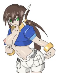 Rule 34 | 1girl, aile (mega man zx), alternate breast size, bent over, bracelet, breasts, brown hair, capcom, clenched hand, covered erect nipples, cropped jacket, green eyes, highres, inti creates, jacket, jewelry, large breasts, long hair, mega man (series), mega man zx, mega man zx advent, nipples, ponytail, puffy short sleeves, puffy sleeves, short sleeves, shorts, third-party edit, uranium 777