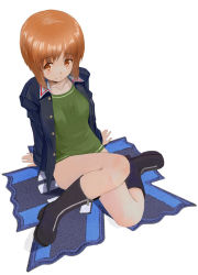 Rule 34 | 1girl, arm behind back, arm support, bare legs, black footwear, black jacket, boots, brown eyes, brown hair, closed mouth, collarbone, collared jacket, girls und panzer, green shirt, jacket, long sleeves, nishizumi miho, no pants, open clothes, open jacket, shirt, short hair, simple background, sitting, smile, solo, straight hair, white background, wing collar, yurikuta tsukumi