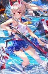 Rule 34 | 1girl, aircraft, airplane, ayanami (azur lane), azur lane, bare arms, bare shoulders, black footwear, blue sailor collar, blue skirt, blue sky, boots, brown hair, cannon, closed mouth, cloud, cloudy sky, commentary request, crop top, day, explosion, fire, firing, headgear, high ponytail, highres, holding, holding sword, holding weapon, long hair, looking away, looking to the side, midriff, military, military vehicle, outdoors, panties, pleated skirt, ponytail, red eyes, sailor collar, school uniform, serafuku, ship, shirt, sidelocks, single thighhigh, skirt, sky, sleeveless, sleeveless shirt, solo, striped clothes, striped panties, sword, swordsouls, thighhighs, torpedo, torpedo launcher, turret, underwear, v-shaped eyebrows, warship, water, watercraft, weapon, white shirt, white thighhighs, yellow neckwear