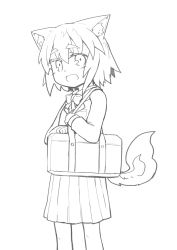 Rule 34 | 1girl, :d, absurdres, alternate costume, animal ear fluff, animal ears, bag, blush, bow, collared shirt, from side, greyscale, hair between eyes, highres, inubashiri momiji, kibisake, long sleeves, looking at viewer, looking to the side, monochrome, open mouth, pleated skirt, school bag, school uniform, shirt, simple background, skirt, sleeves past wrists, smile, solo, tail, thick eyebrows, touhou, white background, wolf ears, wolf girl, wolf tail