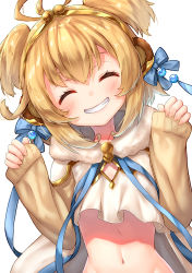 Rule 34 | 1girl, ^ ^, andira (granblue fantasy), animal ears, blonde hair, blue ribbon, blush, bottomless, clenched teeth, closed eyes, crop top, crop top overhang, closed eyes, granblue fantasy, hair ribbon, long sleeves, monkey ears, navel, pensuke, ribbon, short hair, simple background, smile, solo, teeth, upper body, white background