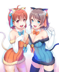 Rule 34 | 10s, 2girls, ahoge, alternate costume, animal ears, asymmetrical docking, bare shoulders, bell, blue eyes, blush, bow, bowtie, braid, breast press, breasts, brown hair, cat ears, cat tail, cleavage, elbow gloves, fake animal ears, fake tail, gloves, grey hair, hair ornament, highres, jingle bell, kanabun, large breasts, looking at viewer, love live!, love live! sunshine!!, multiple girls, open mouth, orange hair, paw pose, red eyes, short hair, tail, takami chika, watanabe you, white gloves