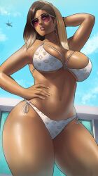 Rule 34 | 1girl, bikini, blonde hair, breasts, curvy, dark skin, earrings, echo saber, grand theft auto, grand theft auto 6, hand on own hip, highres, jewelry, large breasts, long hair, looking to the side, lucia (grand theft auto), poolside, rockstar, rockstar games, solo, sunglasses, swimsuit, tan, thick thighs, thighs, thong, thong bikini, white bikini, wide hips