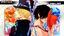 Rule 34 | 2boys, back-to-back, blonde hair, brothers, character name, hat, male focus, multiple boys, one piece, portgas d. ace, sabo (one piece), siblings
