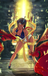 Rule 34 | 1girl, absurdres, ankh, artist request, black sclera, blood, blue eyes, bob cut, bracelet, breasts, cleavage, cleavage cutout, clothing cutout, colored sclera, crown, curvy, dark skin, dress, egyptian, eliza (skullgirls), energy, floating, glowing, heterochromia, highres, jewelry, lab zero games, looking at viewer, monster, monster girl, revealing clothes, ribbon, skullgirls, thick thighs, thighs, tiara, yellow eyes