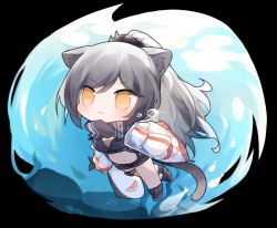 Rule 34 | 1girl, :&lt;, animal ears, anklet, arknights, black background, black footwear, black scarf, black shirt, black shorts, breasts, cat ears, cat girl, cat tail, chibi, cleavage, full body, grey hair, infection monitor (arknights), jacket, jewelry, long hair, medium breasts, navel, open clothes, open jacket, ponytail, renren, scarf, schwarz (arknights), shark, shirt, shoes, shorts, simple background, solo, swimming, tail, underwater, white jacket, yellow eyes