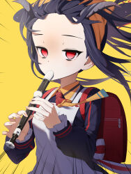 Rule 34 | 1girl, absurdres, apron, backpack, bag, bananafish1111, black hair, blue archive, blunt bangs, commentary request, demon girl, demon horns, flute, fuuka (blue archive), halo, highres, holding, holding flute, holding instrument, horns, instrument, kyoufuu all back (vocaloid), long hair, long sleeves, looking at viewer, music, parody, playing instrument, randoseru, recorder, red eyes, school uniform, serafuku, sidelocks, simple background, solo, white apron, wind, yellow background, yellow headwear