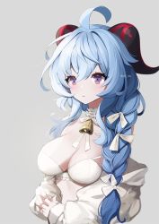 Rule 34 | 1girl, ahoge, alternate hairstyle, ankkoyom, bare shoulders, bell, blue hair, bra, braid, breasts, cleavage, cowbell, detached collar, ganyu (genshin impact), genshin impact, goat horns, grey background, hair over shoulder, hair ribbon, highres, horns, jacket, long hair, long sleeves, medium breasts, off shoulder, open clothes, open jacket, parted lips, purple eyes, ribbon, simple background, single braid, solo, spaghetti strap, underwear, upper body, white bra, white jacket