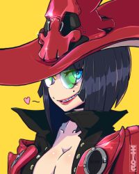 Rule 34 | 1girl, black hair, blue eyes, green-tinted eyewear, green-tinted glasses, guilty gear, guilty gear strive, hat, heart, heterochromia, highres, i-no, jacket, looking at viewer, mole, mole above mouth, red headwear, red jacket, red lips, short hair, smirk, straight hair, sunglasses, tinted eyewear, totzthegreat, witch hat, yellow eyes
