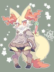 Rule 34 | 1girl, absurdres, animal ear fluff, animal ears, arm behind back, black fur, blush, braixen, breasts, brown thighhighs, clenched teeth, clothed pokemon, commentary, creatures (company), dated, embarrassed, fox ears, fox tail, full body, furry, furry female, game freak, gen 6 pokemon, green background, hand on own hip, highres, looking at viewer, multicolored fur, nintendo, nyaswitchnya, off-shoulder sweater, off shoulder, open mouth, orange eyes, orange fur, outline, pigeon-toed, pokemon, pokemon (creature), red nose, signature, simple background, sleeves past wrists, slit pupils, small breasts, solo, standing, star (symbol), sweater, symbol-only commentary, tail, teeth, thigh gap, thighhighs, tsurime, white fur, white outline, wide hips, yellow fur