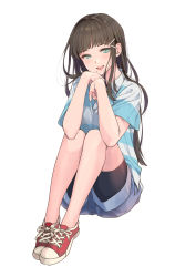Rule 34 | 1girl, absurdres, bike shorts, black hair, elbows on knees, green eyes, hair ornament, hairclip, head rest, highres, kate iwana, kurosawa dia, legs together, long hair, long sleeves, looking at viewer, love live!, love live! school idol festival, love live! sunshine!!, mole, mole under mouth, no socks, open mouth, red footwear, shirt, shoes, shorts, shorts under shorts, simple background, sitting, smile, sneakers, solo, striped clothes, striped shirt, white background