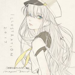 Rule 34 | 1girl, 2017, bandaid, black sailor collar, blue eyes, expressionless, from side, hair over one eye, illustration.media, long hair, looking at viewer, mayumi konno, original, sailor collar, short sleeves, signature, solo, spot color, white hair, white headwear, yellow neckwear