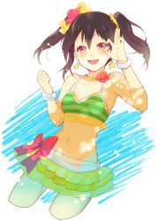Rule 34 | 10s, 1girl, :d, aqua nails, bangle, bikini, bikini skirt, bikini top only, black hair, bow, bracelet, clenched hand, cropped legs, earrings, flower, hair between eyes, hair bow, hair flower, hair ornament, jewelry, karuha, long hair, love live!, love live! school idol project, midriff, nail polish, natsuiro egao de 1 2 jump!, navel, necklace, ok sign, open mouth, pearl necklace, red bow, red eyes, smile, solo, star (symbol), star earrings, striped bikini, striped bikini top, striped clothes, swimsuit, twintails, wristband, yazawa nico