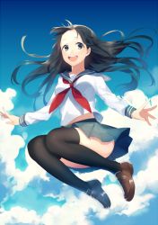 Rule 34 | 1girl, :d, achiki, bad id, bad pixiv id, black eyes, black hair, black thighhighs, cloud, day, jumping, loafers, long hair, looking at viewer, open mouth, original, shoes, skirt, sky, smile, solo, thighhighs