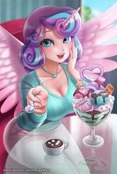 Rule 34 | 1girl, artist name, blue eyes, blue hair, blue shirt, breasts, cleavage, coffee cup, cup, disposable cup, feathered wings, flurry heart, food, glass table, highres, holding, holding spoon, horns, ice cream, indoors, jewelry, large breasts, medium hair, multicolored hair, my little pony, my little pony: friendship is magic, necklace, open mouth, pants, patreon username, personification, purple hair, racoon-kun, shirt, single horn, sitting, solo, spoon, table, teeth, two-tone hair, upper teeth only, valentine, watermark, web address, white pants, wings