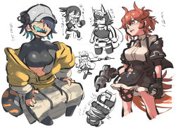 Rule 34 | 6+girls, angelina (arknights), anger vein, angry, animal ears, arknights, asbestos (arknights), ashlock (arknights), bird tail, black gloves, black hair, black jacket, black leggings, black shirt, black skirt, blue hair, blue tongue, boxing gloves, bright pupils, chibi, chibi inset, collage, collared shirt, colored inner hair, colored tongue, cropped legs, cropped shirt, cross tie, fiammetta (arknights), flint (arknights), flower, flower on head, frilled skirt, frills, gloves, gun, hair over one eye, hands on own thighs, headphones, holding, holding gun, holding staff, holding weapon, horn (arknights), invisible chair, jacket, jacket partially removed, leggings, licking lips, lizard tail, looking ahead, multicolored hair, multiple girls, open clothes, open jacket, open mouth, partially colored, red eyes, red hair, saliva, sharp teeth, shirt, short hair, sitting, skirt, squinting, staff, stomach, suspender skirt, suspenders, tail, teeth, tirarizun, tongue, tongue out, turtleneck, v-shaped eyebrows, weapon, white background, white pupils, white shirt, wrapped up, yellow eyes, yellow jacket