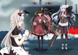 Rule 34 | 3girls, american flag, anger vein, animal ears, azur lane, bald eagle, bell mccamp (warship girls r), beta (joutarou), bird, black legwear, bow, brown eyes, brown hair, cat ears, closed eyes, commentary, eagle, essex (warship girls r), flower, flute, grey hair, hair bow, halberd, hammann (azur lane), holding, holding flower, holding weapon, instrument, jacket, jitome, juliet sleeves, kantai collection, long hair, long sleeves, maid, multiple girls, music, non non biyori, open mouth, own hands together, pacific (kancolle), pantyhose, playing instrument, polearm, puffy short sleeves, puffy sleeves, recorder, red eyes, red jacket, red skirt, shaded face, ship, short sleeves, singing, skirt, smile, standing, standing on liquid, sweatdrop, twintails, two side up, uss west virginia (bb-48), warship girls r, watercraft, weapon, white hair, wrist cuffs
