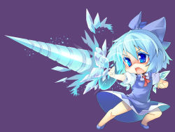 Rule 34 | 1girl, blue eyes, blue hair, chibi, cirno, colored eyelashes, dress, drill, ice, ice wings, kokka han, matching hair/eyes, open mouth, purple background, short hair, simple background, solo, touhou, weapon, wings