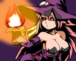Rule 34 | 1girl, bad id, bad twitter id, bare shoulders, black sclera, blazblue, breasts, cleavage, colored sclera, dress, hat, konoe a. mercury, large breasts, long hair, mature female, pink hair, simple background, solo, witch hat, yellow eyes, yuuya (blue scarab)