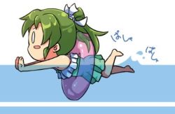 Rule 34 | 1girl, aged down, blush stickers, chibi, comic, commentary request, green hair, hair ribbon, innertube, kantai collection, long hair, lowres, one-piece swimsuit, outstretched arms, partially submerged, partially underwater shot, ribbon, sakimiya (inschool), solo, swim ring, swimming, swimsuit, translation request, twintails, underwater, water, zuikaku (kancolle)